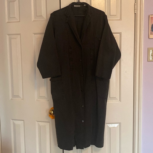 Vintage 80s Denim Oversized Coat Dolman Sleeve Distressed Black Big Pockets M/L - Picture 1 of 4